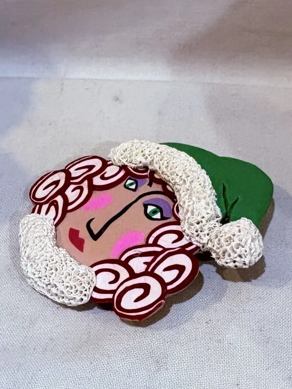 Hand Made Hand Painted Christmas Holiday Pin Brooch Lady in Christmas Hat
